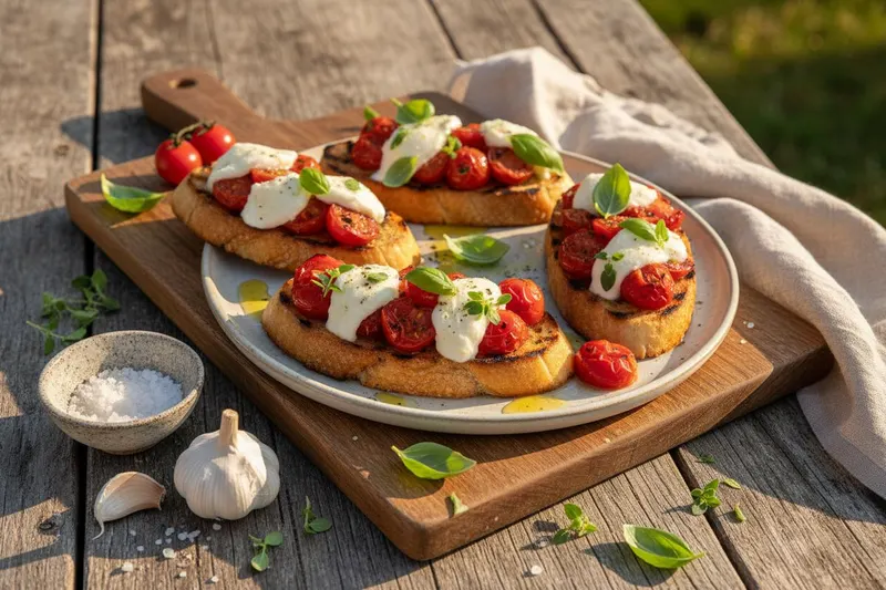 Bruschetta grillatuilla tomaateilla ja mozzarellalla