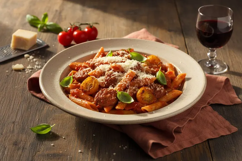 Italialainen kesäpasta raakamakkaralla