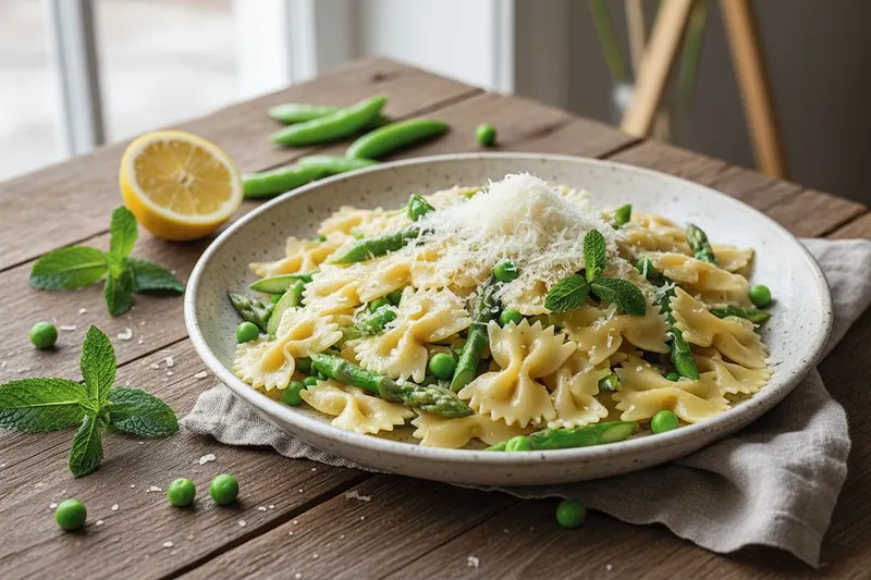 Keväinen farfalle parsalla, herneillä ja mintulla