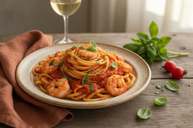 Linguine katkaravuilla, basilikakastikkeella ja piment d'Espelette -chilillä