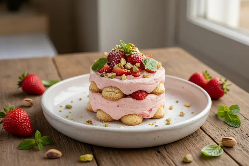 Mansikkatiramisu limoncellolla ja pistaasipähkinöillä