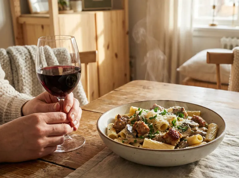Pasta alla Boscaiola, makkara-sienipasta