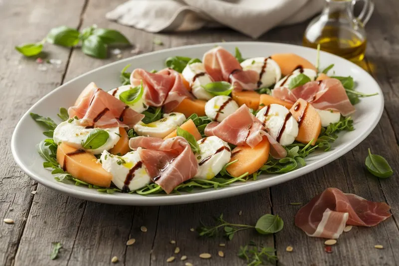 Prosciutto-mozzarellasalaatti melonilla
