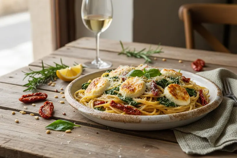 Uunissa valmistuva pinaattispagetti ricottalla