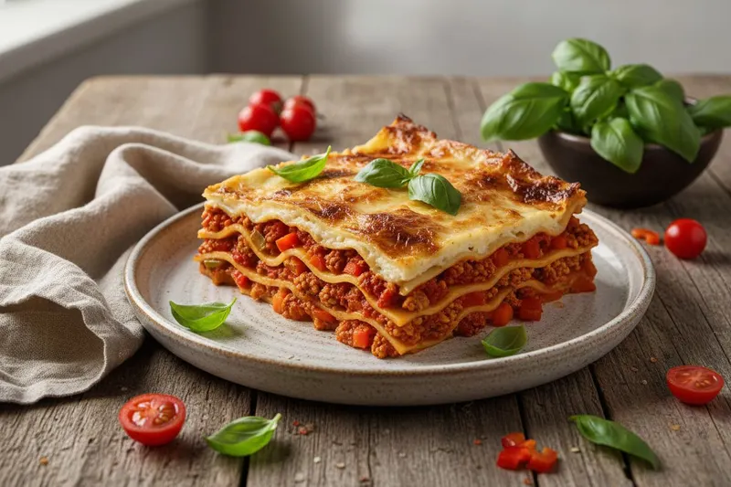 Vegaaninen lasagne soijarouheella