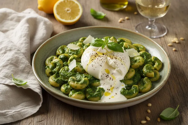 Vihreä pasta pinaatilla ja burratalla