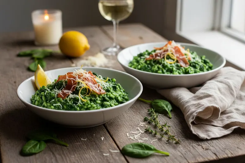 Pinaattirisotto rapean prosciutton kera